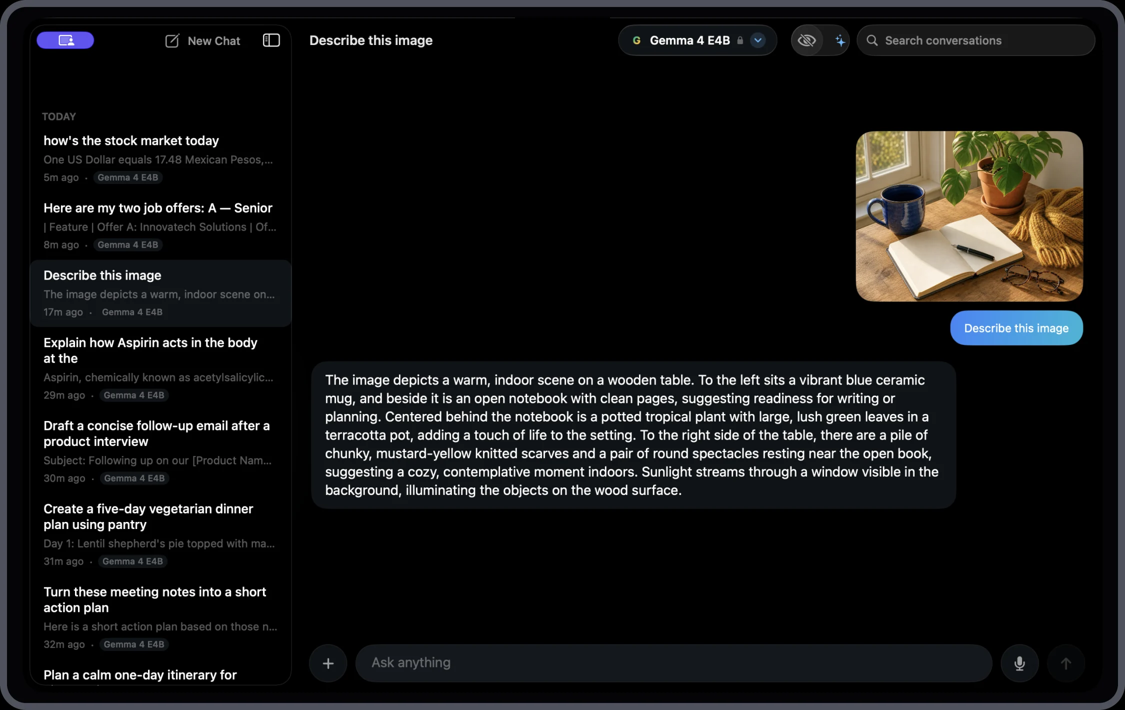 Loci running as a desktop app, with the conversation list beside a local answer