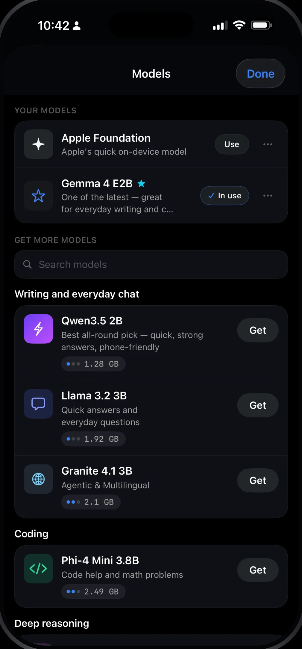The Loci model library on iPhone, listing Apple Foundation, Gemma, Qwen, Llama, Granite and Phi