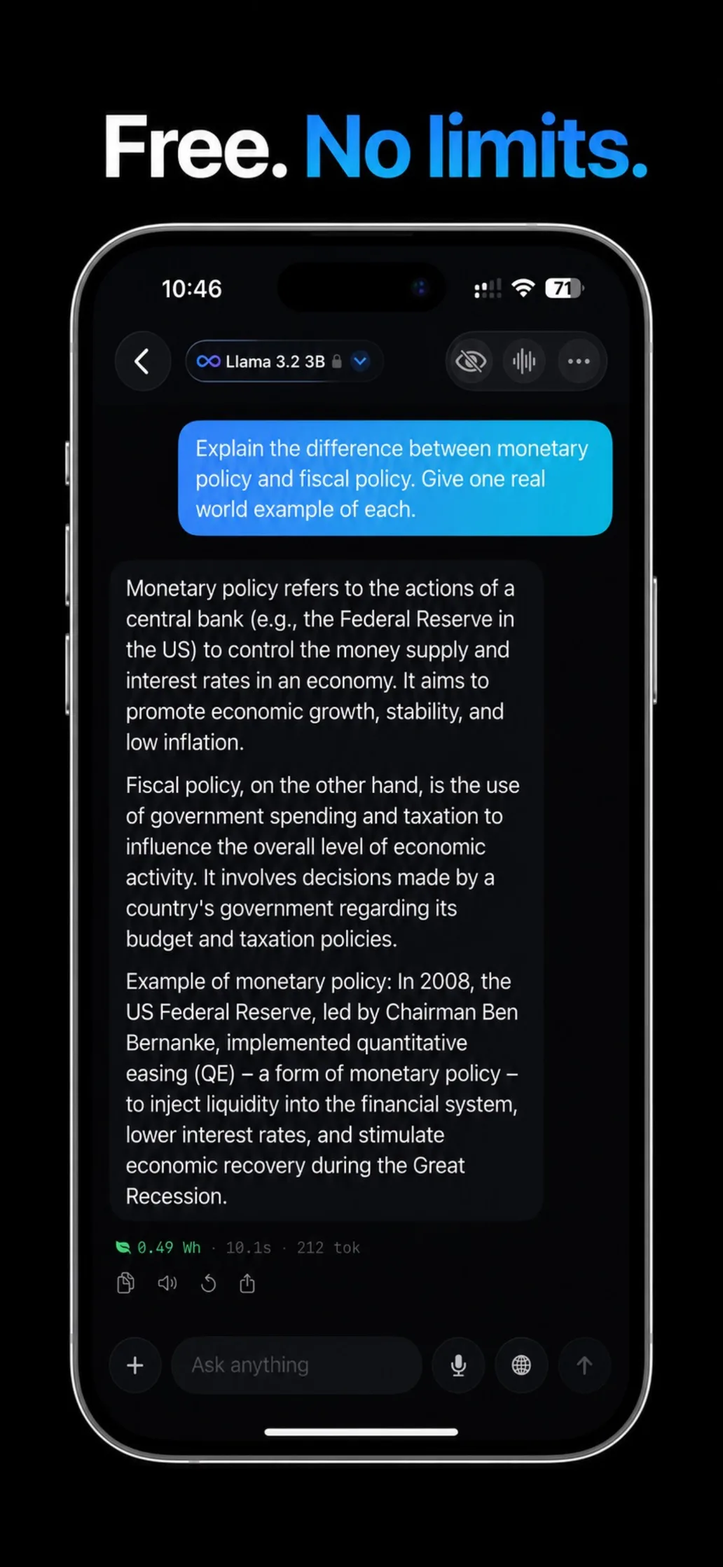 Loci running Llama 3.2 3B on iPhone — free with no usage limits
