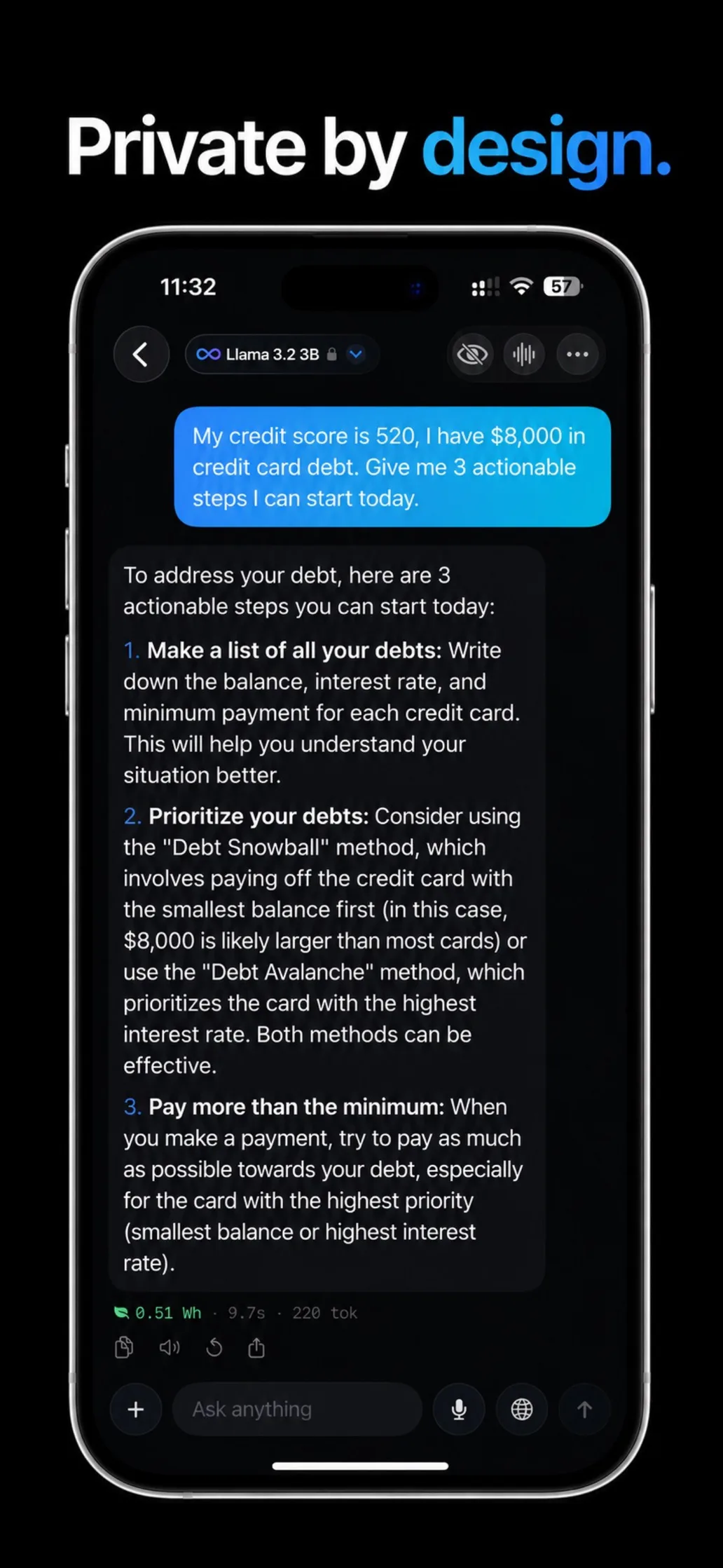 Loci answering a private finance question entirely on-device