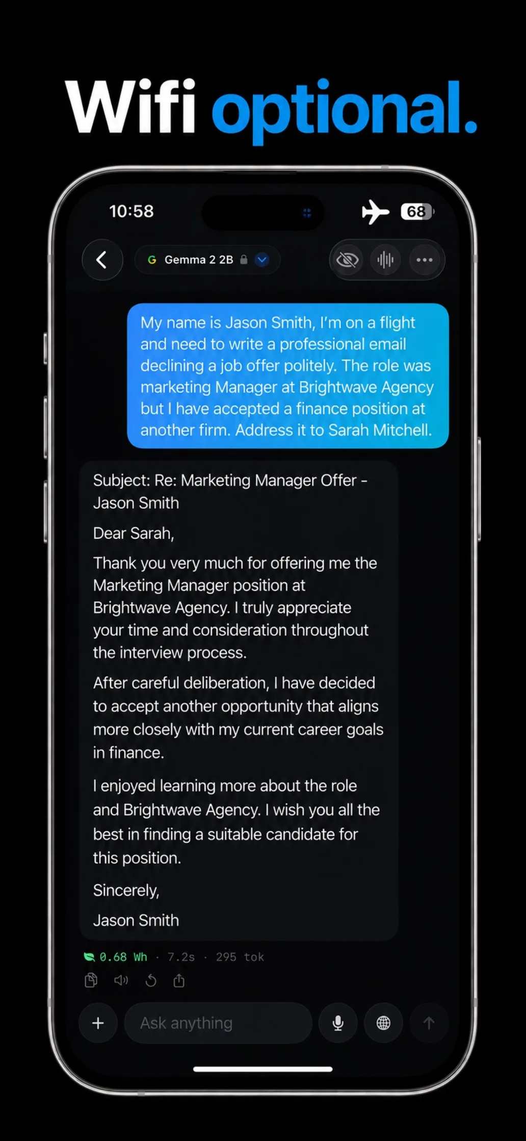 Loci drafting an email in airplane mode with Gemma 2 2B — no wifi needed